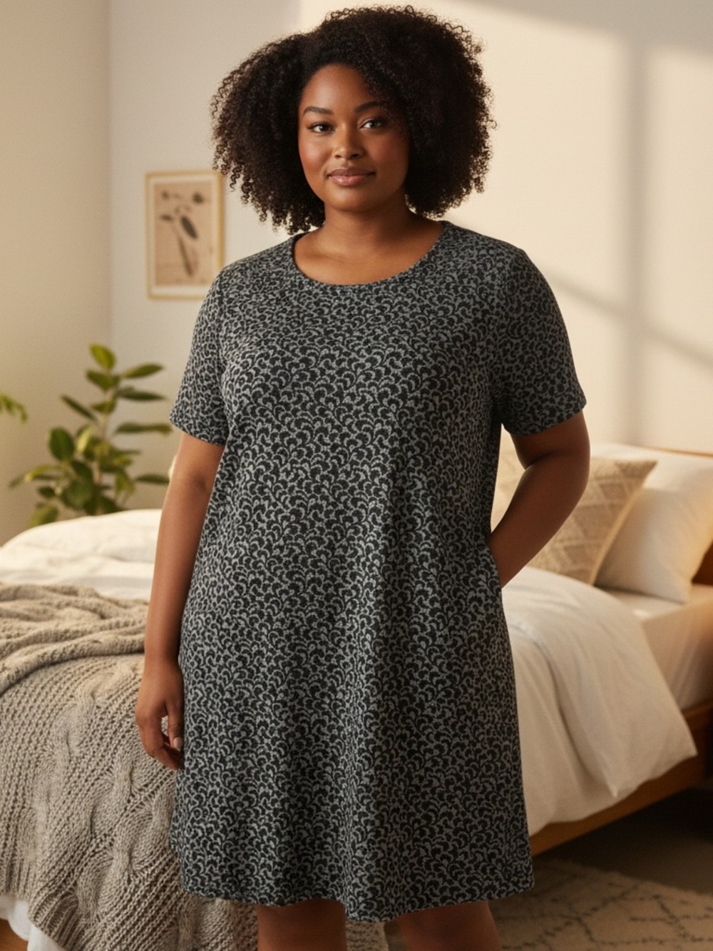 LOFT Short Sleeve Scoop-Neck Midi Dress in Charcoal and Light Gray Print